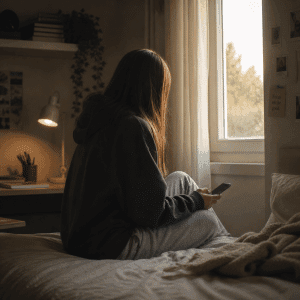 adolescente sentado solo mirando el móvil con expresión distante, señales de que necesita psicólogo