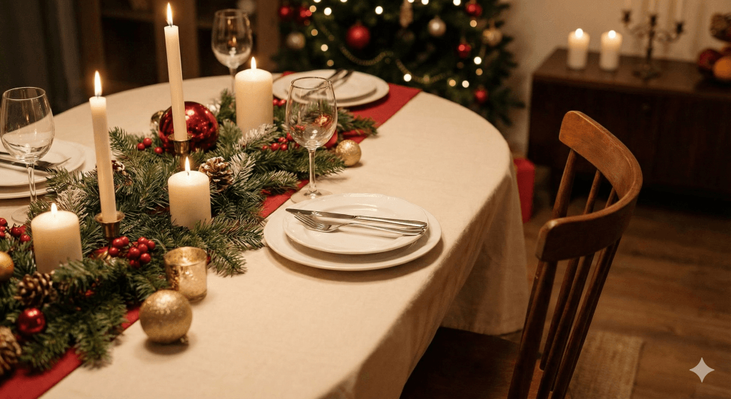 Una mesa navideña con un sitio libre, ilustrando qué es el síndrome de la silla vacía en navidad