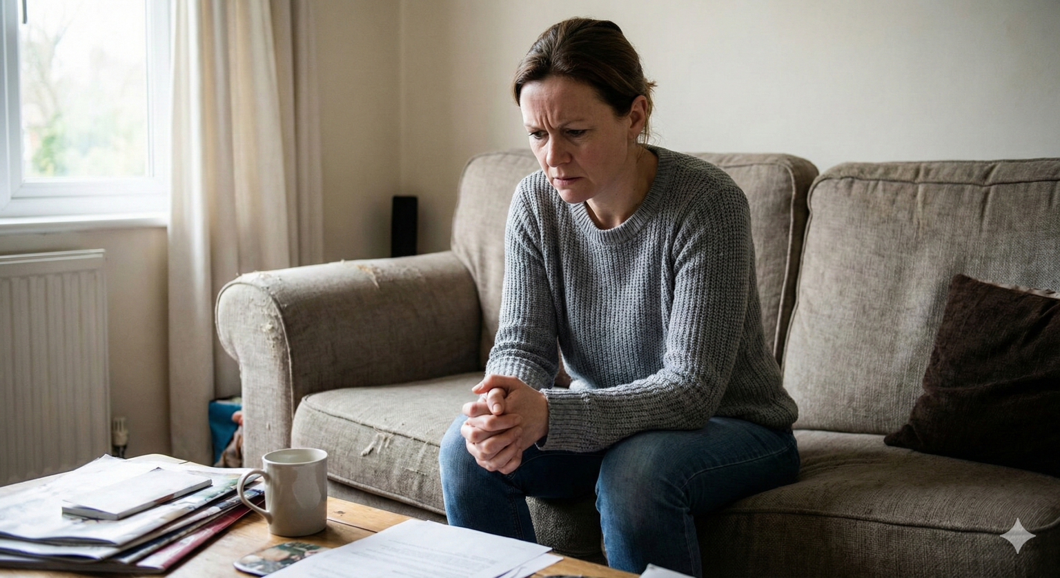 Persona adulta con expresión de tensión sentada en un sofá, con las manos unidas, representando la experiencia de la ansiedad en el día a día Analizando las señales de la ansiedad