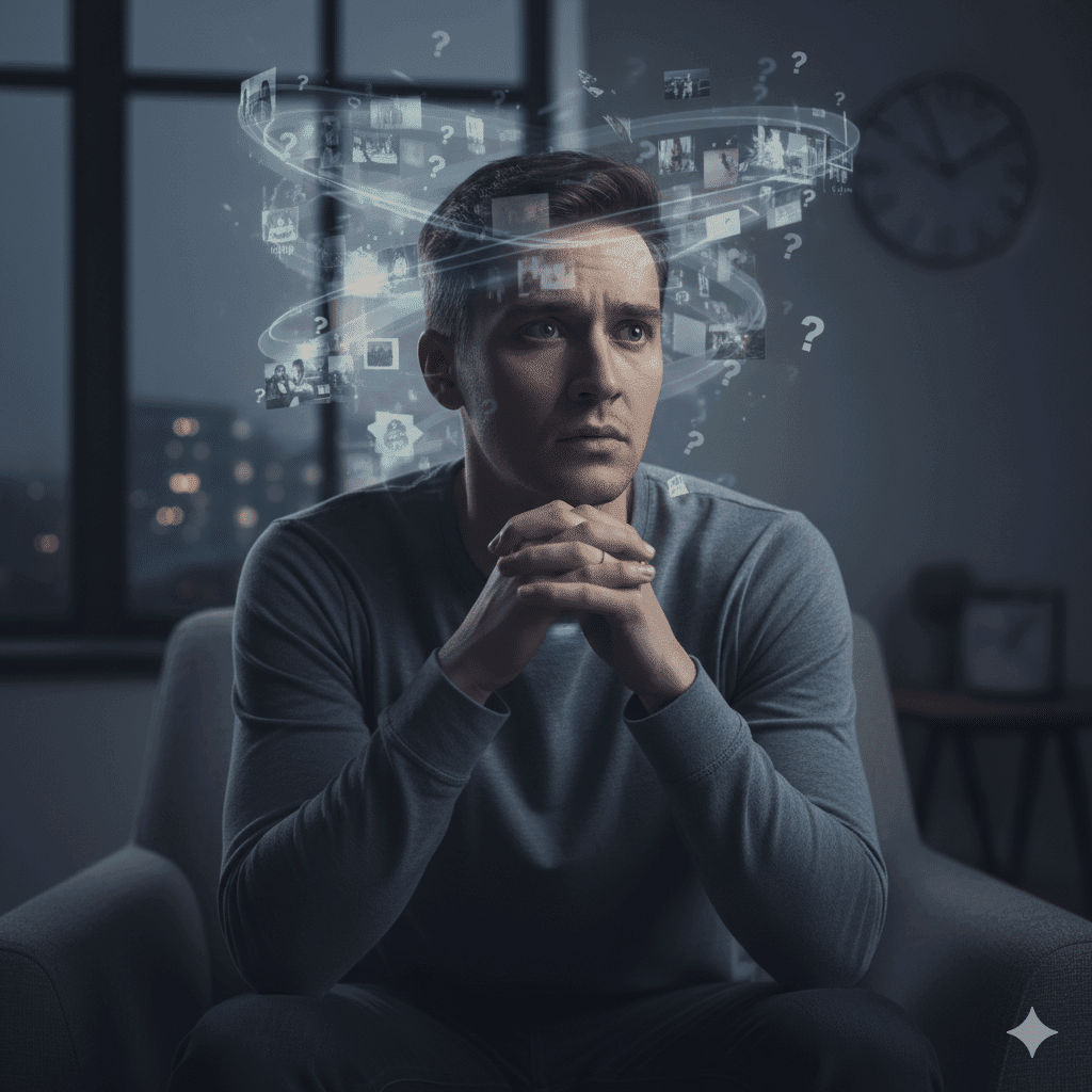 Persona con mirada preocupada pensando en el futuro, representando los síntomas de la ansiedad anticipatoria.
