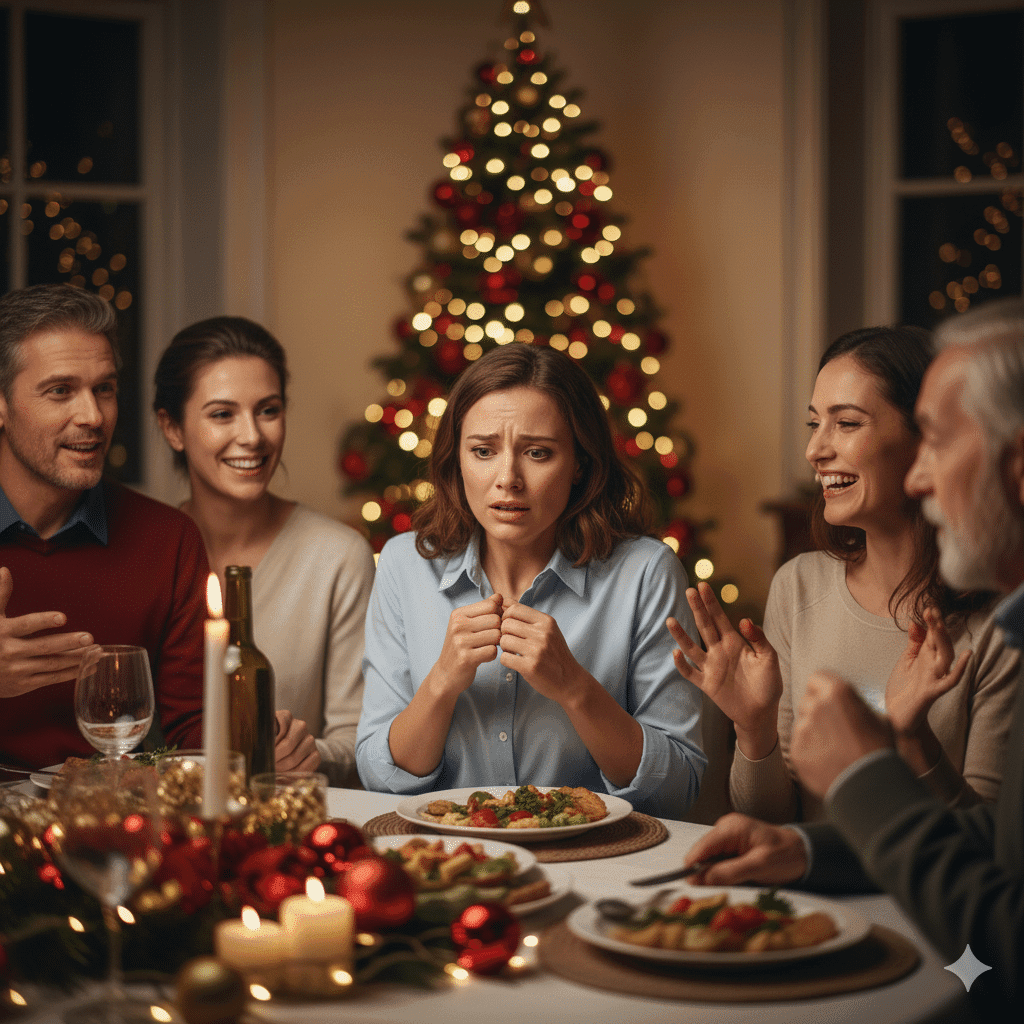 Persona experimentando Ansiedad social reuniones familiares navidad