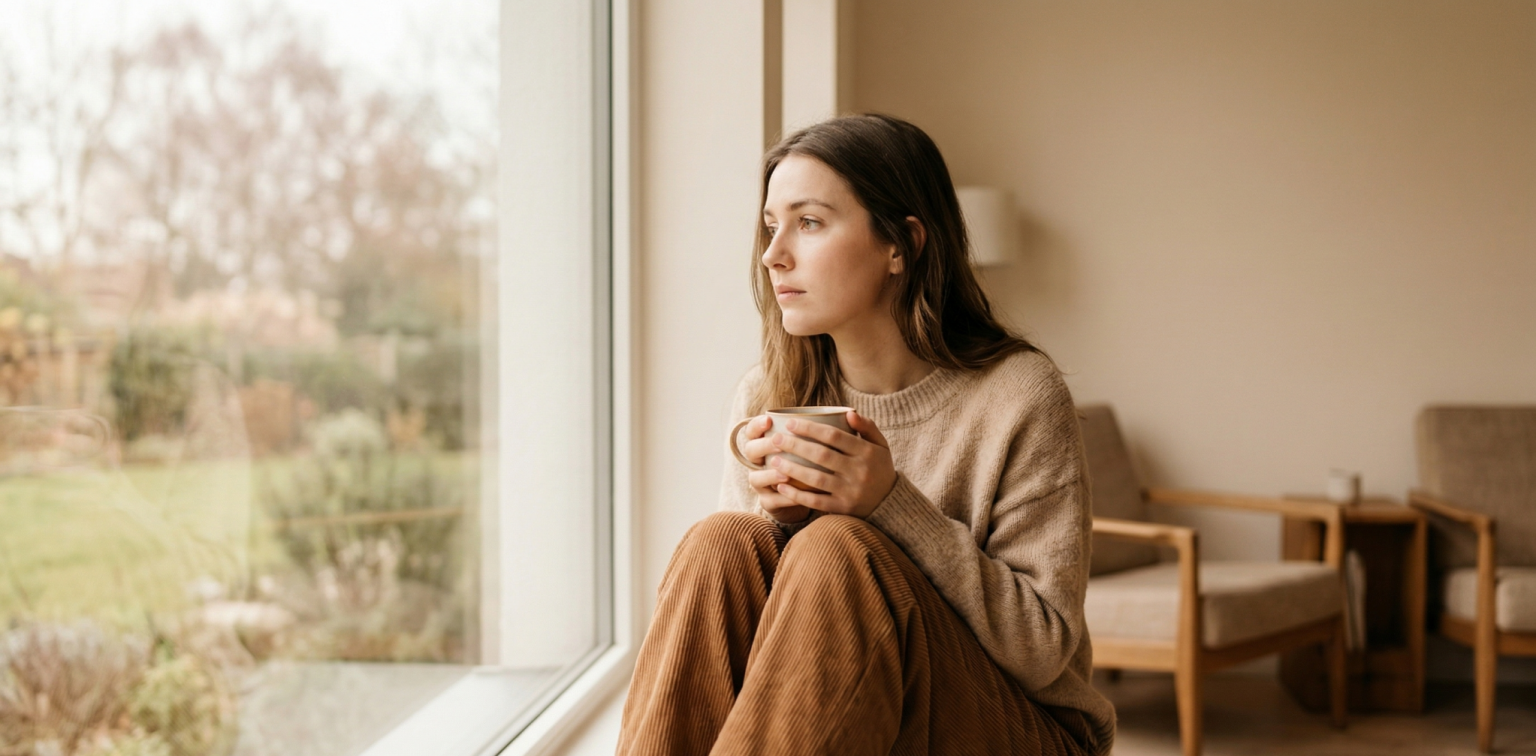 Mujer pensando en tener una sesión con un psicólogo online para la depresión de forma online