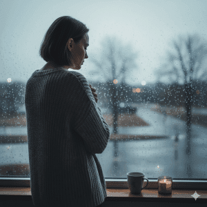 Persona mirando por la ventana en un día lluvioso de enero, representando el Blue Monday tristeza estacional.