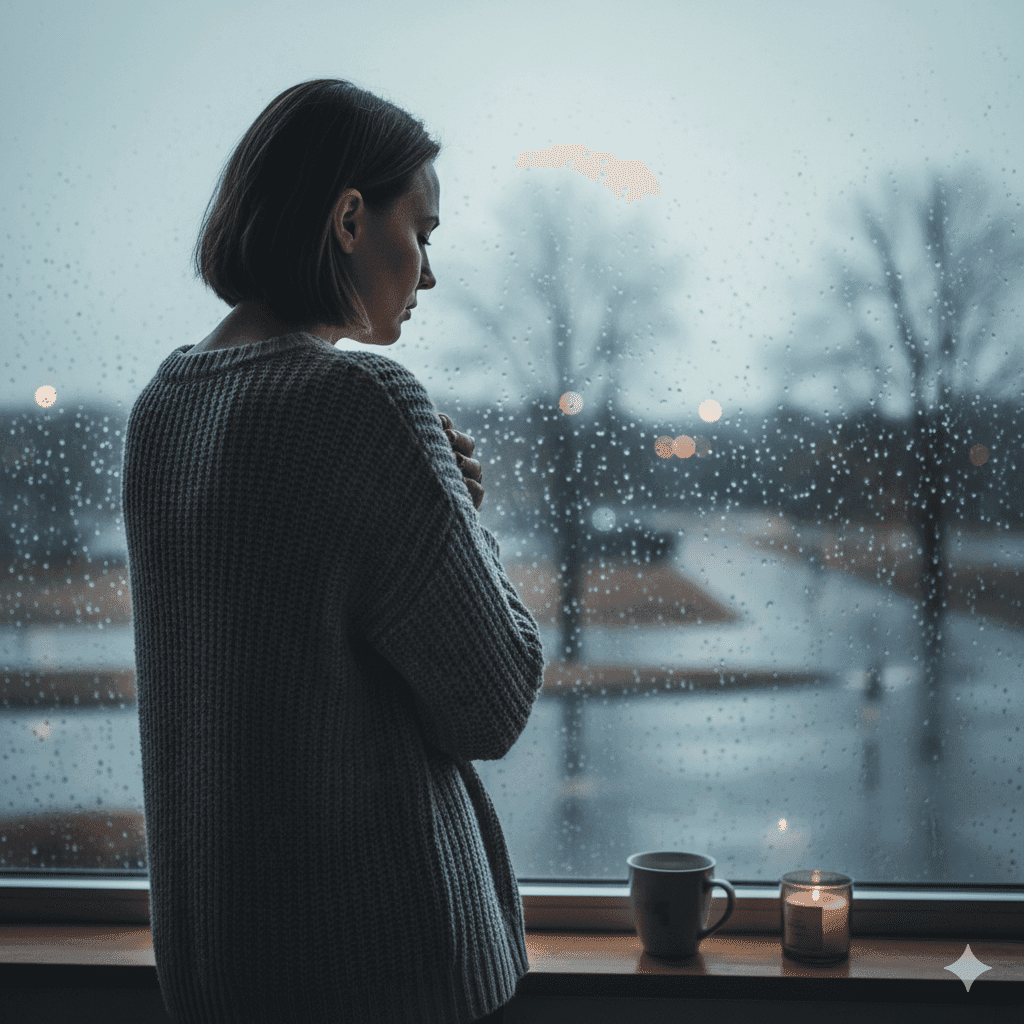 Persona mirando por la ventana en un día lluvioso de enero, representando el Blue Monday tristeza estacional.