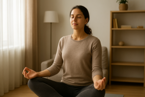 Persona sentada en el suelo de su casa en postura de meditación, luz natural suave y ambiente tranquilo.