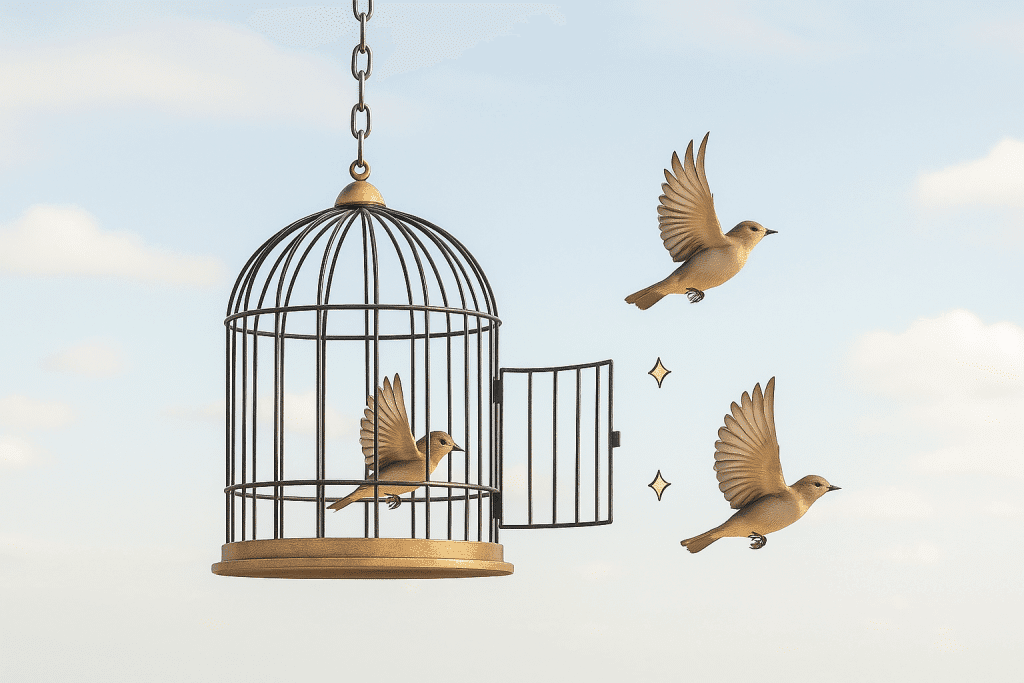 Pajaros saliendo de una jaula simulando la liberación de la ansiedad