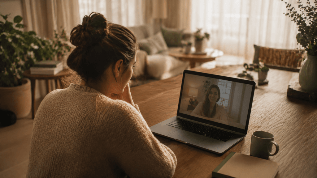 Mujer en videollamada recibiendo ayuda psicológica online para la depresión desde casa