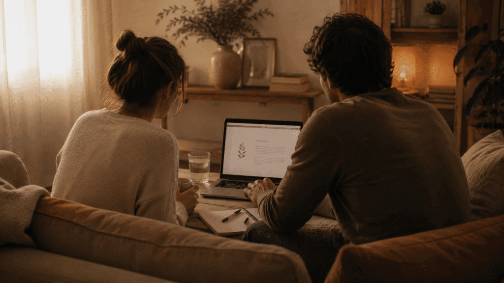 pareja sentada frente a un portátil en una sesión de terapia de pareja online, ambiente cálido y tranquilo. Buscando terapia de pareja precio