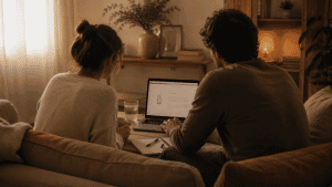 pareja sentada frente a un portátil en una sesión de terapia de pareja online, ambiente cálido y tranquilo. Buscando terapia de pareja precio