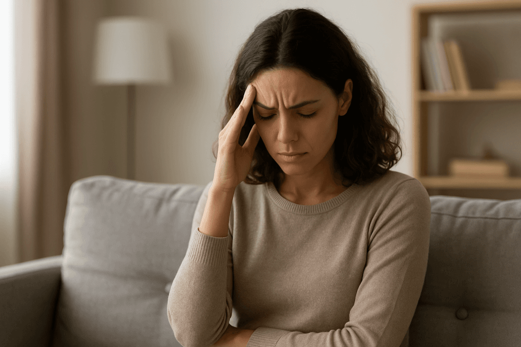 Mujer sentada en un sofá en actitud pensativa y triste, iluminación natural suave — símbolo de introspección tras una ruptura.