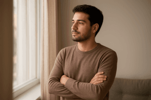 Hombre mirando por la ventana con expresión serena, símbolo de crecimiento personal tras una ruptura.
