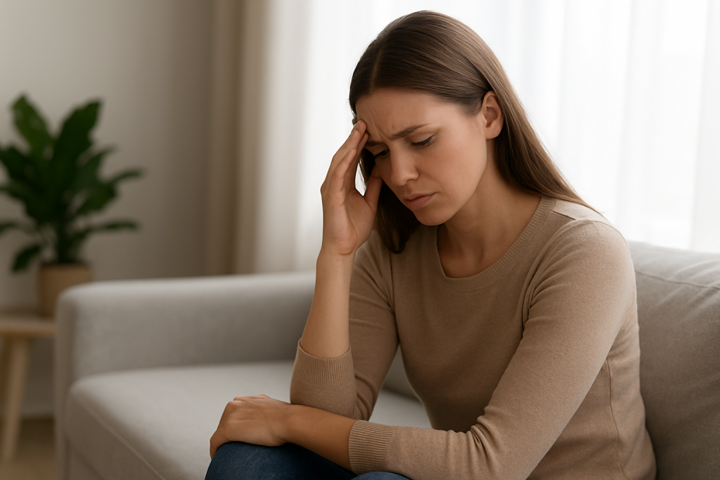 Mujer joven pensativa sentada en un entorno tranquilo, simbolizando la reflexión sobre cómo saber si necesita ir al psicólogo online para mejorar su bienestar emocional.