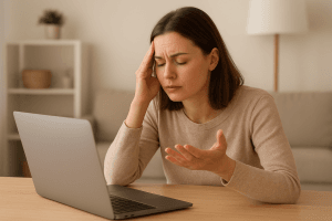 Mujer joven sentada frente a su portátil en un entorno tranquilo, preparándose para una sesión de terapia online, simbolizando cómo prepararse para una terapia online de forma consciente y relajada.
