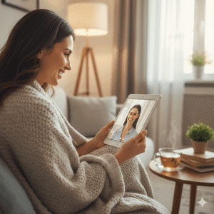 Mujer en videollamada de terapia online sonriendo, representando los beneficios de buscar ayuda profesional