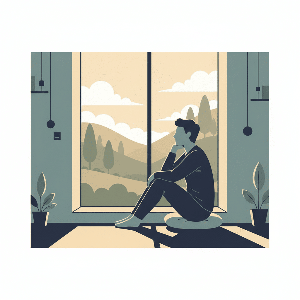 Persona adulta mirando por la ventana con expresión reflexiva, representando el momento de cuando pedir ayuda psicológica