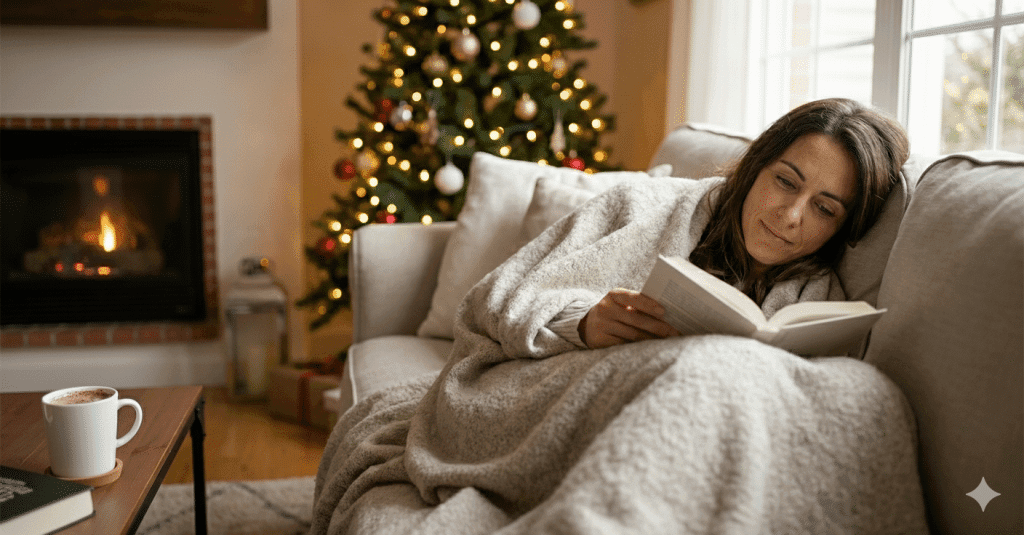 Persona descansando plácidamente en un sofá con una manta, practicando el autocuidado en vacaciones de navidad