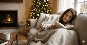 Persona descansando plácidamente en un sofá con una manta, practicando el autocuidado en vacaciones de navidad