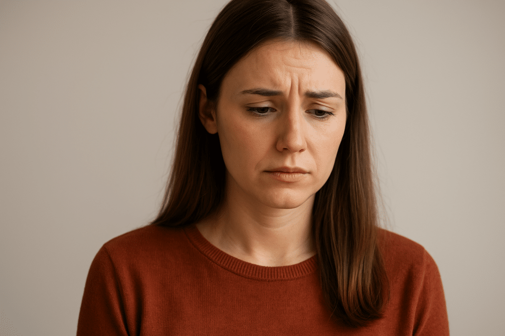 Mujer joven con expresión serena mirando a cámara, representando el acompañamiento profesional de un psicólogo online especializado en ansiedad en España.