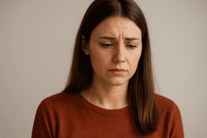 Mujer joven con expresión serena mirando a cámara, representando el acompañamiento profesional de un psicólogo online especializado en ansiedad en España.