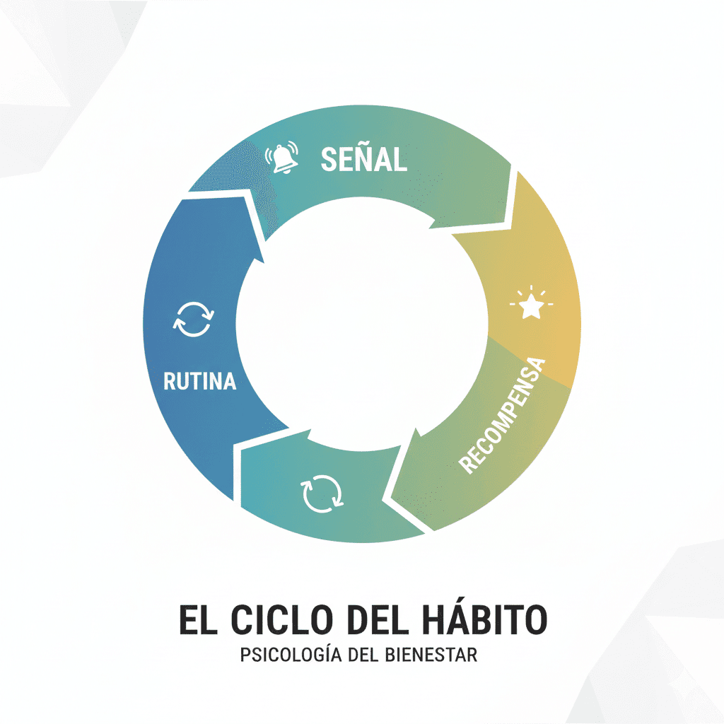 Infografía sobre el ciclo del hábito en psicología: señal, rutina y recompensa. Psicología cambio de hábitos para ti
