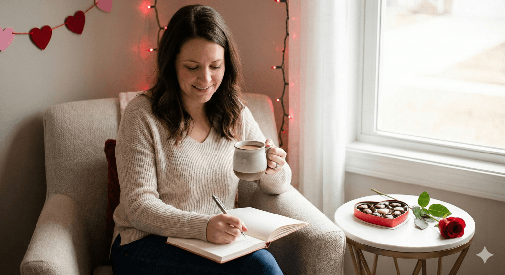 Mujer escribiendo en un diario y tomando café, practicando ejercicios de amor propio en San Valentín.