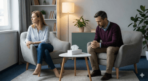 Pareja sentada con distancia física, ilustrando la diferencia entre amor y dependencia emocional en terapia