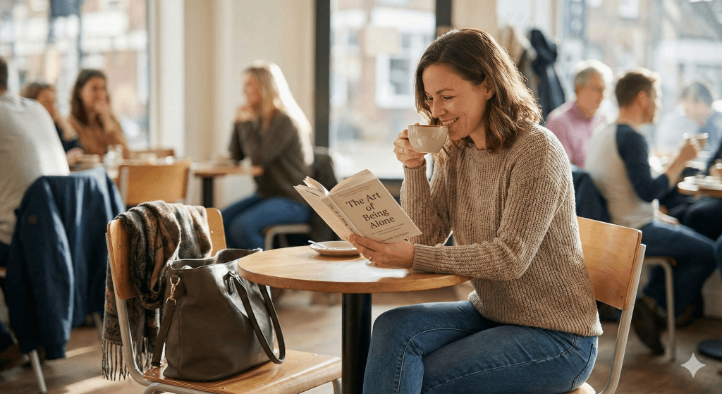 Mujer leyendo un libro sola en una cafetería, disfrutando de su espacio personal en la pareja.