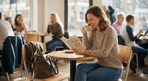 Mujer leyendo un libro sola en una cafetería, disfrutando de su espacio personal en la pareja.