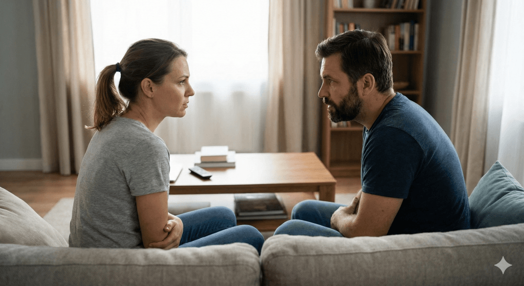 Pareja hablando seriamente en el sofá, intentando recuperar la confianza tras una mentira.