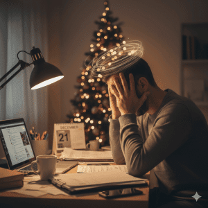 Hombre en un escritorio sintiendo agotamiento extremo, reconociendo los síntomas burnout final de año.