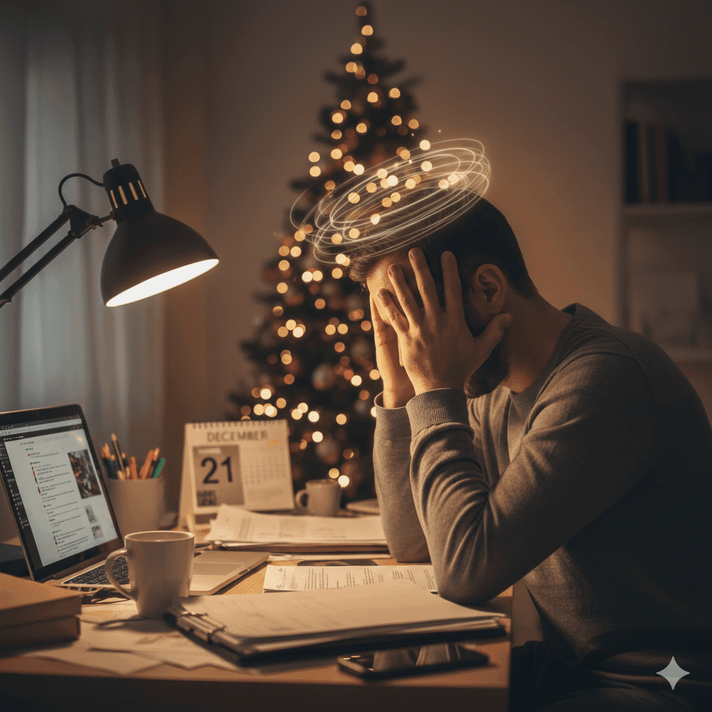 Hombre en un escritorio sintiendo agotamiento extremo, reconociendo los síntomas burnout final de año.