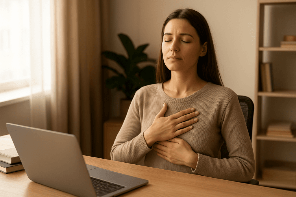 Mujer joven en su escritorio de trabajo, cerrando los ojos y respirando profundamente con serenidad, simbolizando ejercicios de respiración para reducir el estrés laboral.