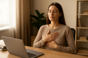 Mujer joven en su escritorio de trabajo, cerrando los ojos y respirando profundamente con serenidad, simbolizando ejercicios de respiración para reducir el estrés laboral.