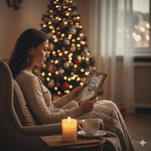 Una mujer mirando una foto en un sofá sola, representando el duelo y cómo afrontar la primera navidad sin un ser querido.