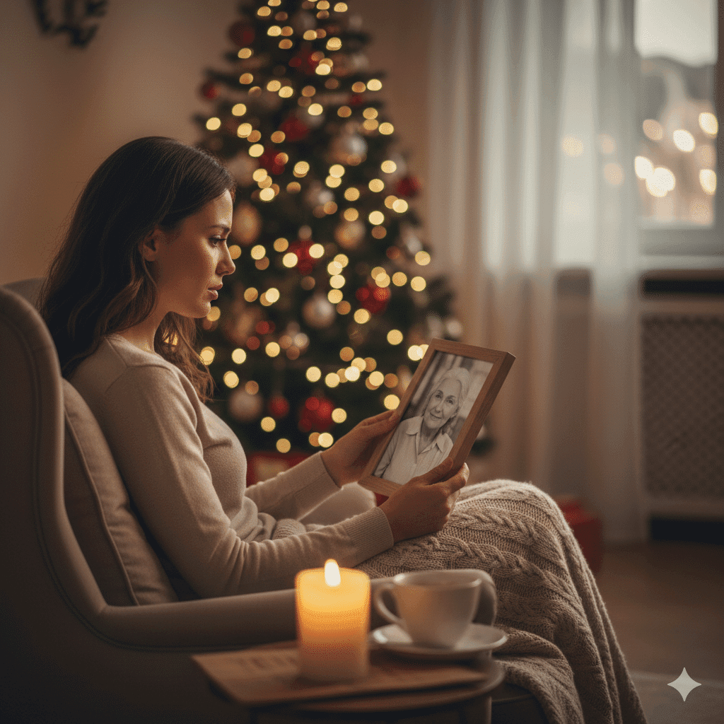 Una mujer mirando una foto en un sofá sola, representando el duelo y cómo afrontar la primera navidad sin un ser querido.