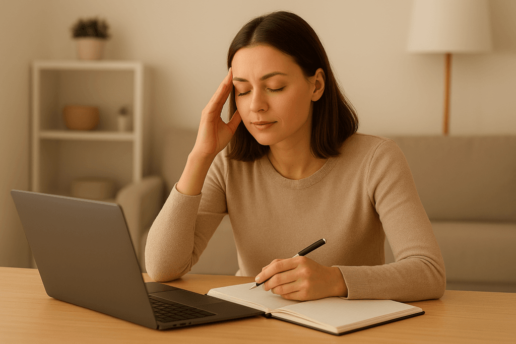 Mujer joven estudiando con calma en su escritorio mientras aplica estrategias para controlar el estrés antes de un examen en un ambiente luminoso y tranquilo.