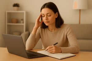 Mujer joven estudiando con calma en su escritorio mientras aplica estrategias para controlar el estrés antes de un examen en un ambiente luminoso y tranquilo.