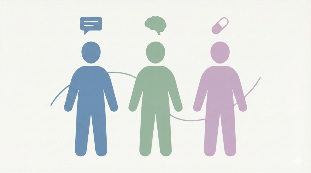 Diferencia entre psicólogo, neuropsicólogo y psiquiatra: ¿cuál es la diferencia y a cuál acudo? 6 Ilustración de tres figuras profesionales distintas con elementos representativos de cada especialidad, sobre fondo claro y estilo moderno