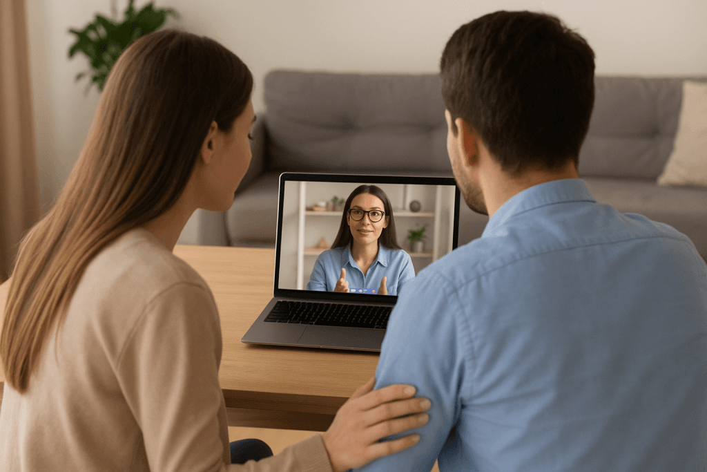 Pareja con un psicólogo online para terapia de pareja en España, con luz natural realizando una sesión de terapia online con un psicólogo a través de videollamada, ambos en espacios separados pero conectados emocionalmente.