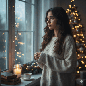 Mujer mirando las luces de navidad con expresión melancólica, preguntándose por qué me siento triste en navidad
