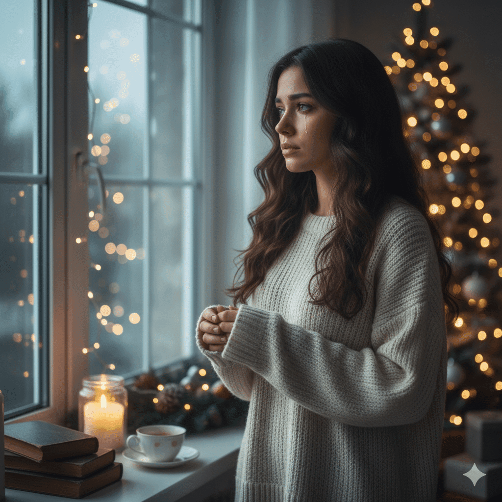 Mujer mirando las luces de navidad con expresión melancólica, preguntándose por qué me siento triste en navidad