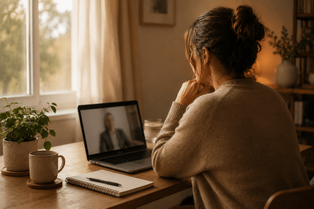 Mujer con ansiedad y depresión a la vez durante una sesión de terapia online con psicóloga colegiada