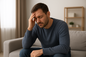Hombre joven sentado en su escritorio durante una sesión de terapia online con un psicólogo, mostrando una expresión reflexiva y serena mientras conversa por videollamada, simbolizando el apoyo profesional ante la depresión.