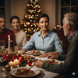 Persona adulta, en una reunión, utilizando lenguaje corporal asertivo para poner límites a la familia en navidad