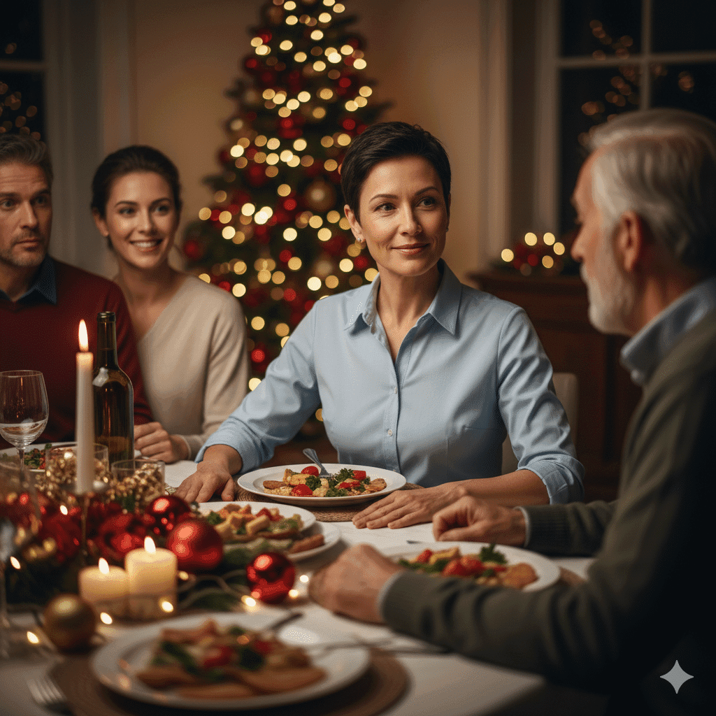 Persona adulta, en una reunión, utilizando lenguaje corporal asertivo para poner límites a la familia en navidad