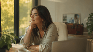 Mujer con síndrome postvacacional y sus síntomas frente al escritorio en su primer día de vuelta al trabajo