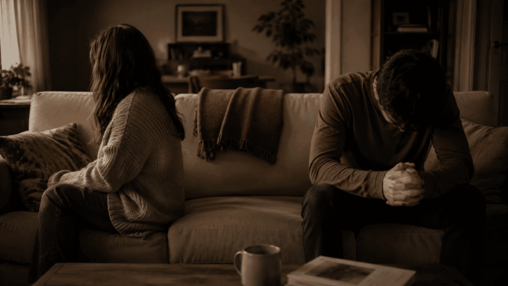 pareja sentada en extremos opuestos del sofá con distancia emocional visible, cómo superar una infidelidad