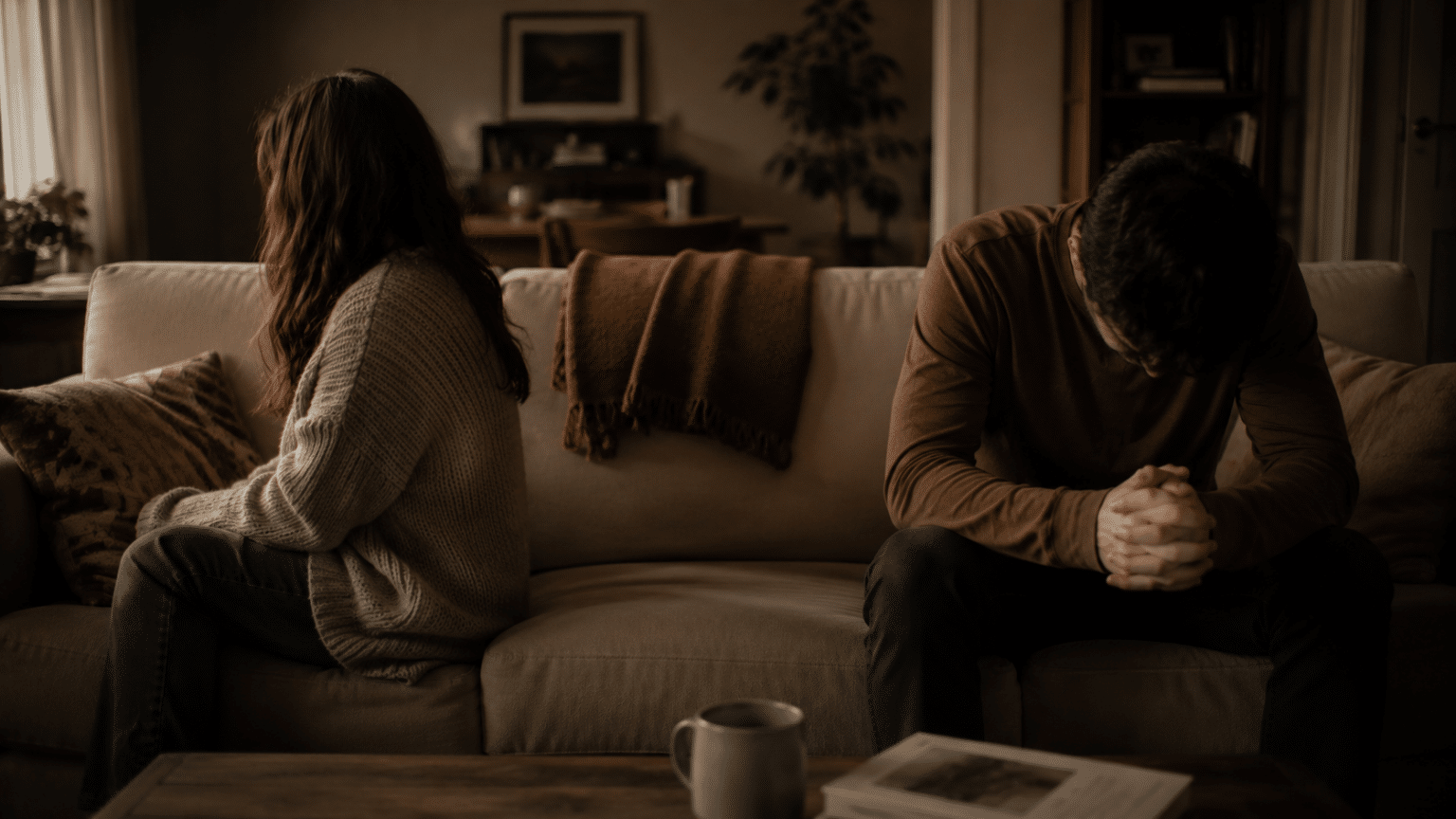 pareja sentada en extremos opuestos del sofá con distancia emocional visible, cómo superar una infidelidad