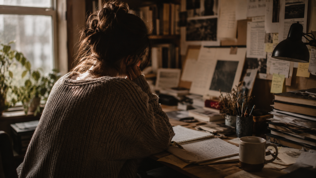 TDAH en Adultos: Síntomas Reales y Cómo Obtener un Diagnóstico 1 adulto trabajando en un escritorio con expresión de concentración intensa y papeles desordenados, síntomas TDAH en adultos