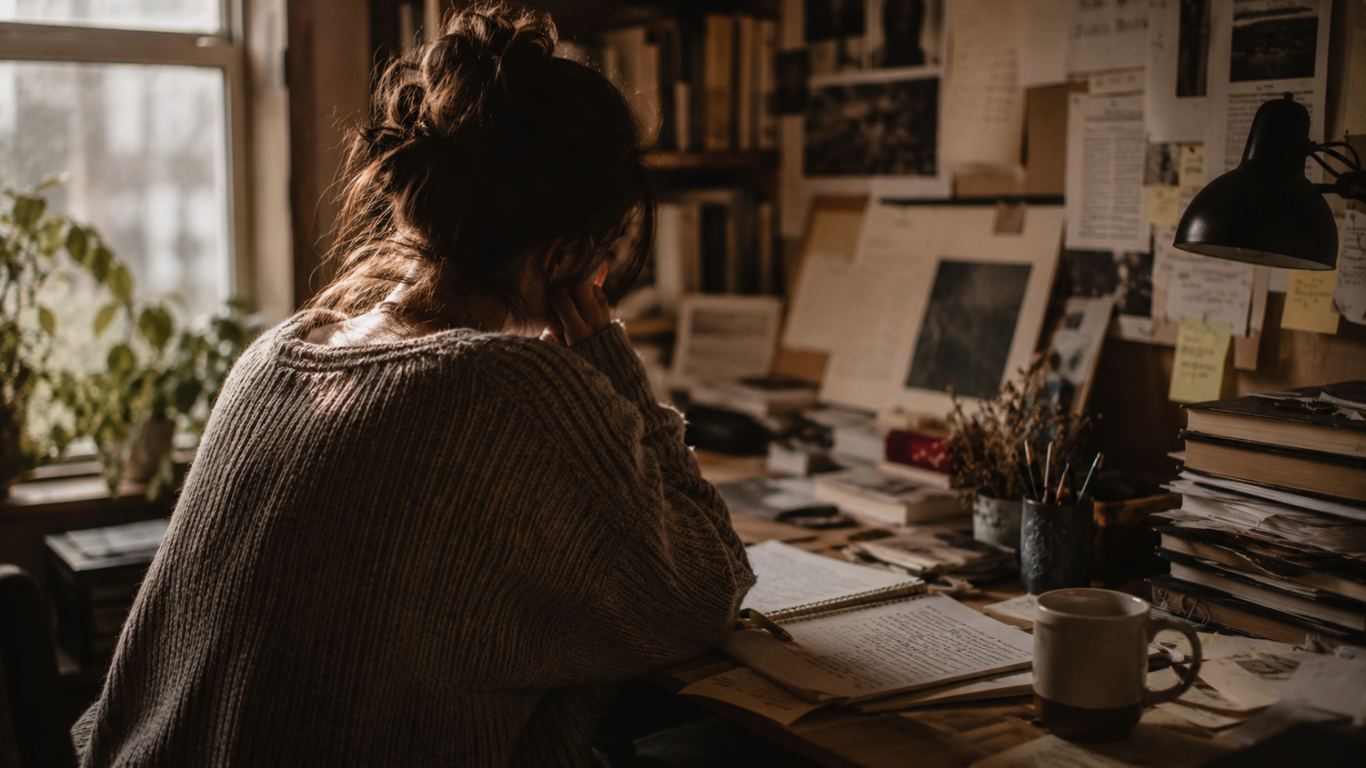 adulto trabajando en un escritorio con expresión de concentración intensa y papeles desordenados, síntomas TDAH en adultos